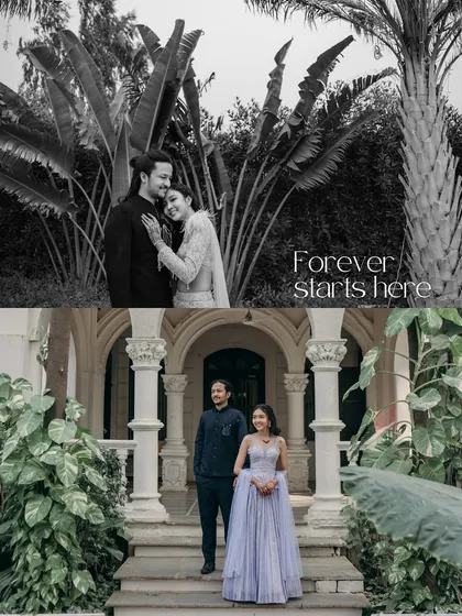 A collage combining a wide shot of the couple at a heritage location with a more intimate black and white portrait. It showcases both the grandeur of the setting and the closeness of their bond.