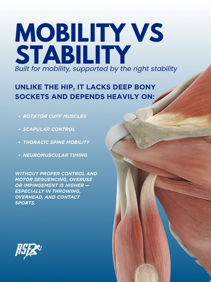 Unlike the hip, the shoulder lacks deep bony sockets and relies heavily on muscles for stability. This infographic explains the critical roles of the rotator cuff, scapular control, and thoracic spine mobility in preventing injury.