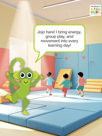 Meet our mascots! This is Jojo, who represents the energy, group play, and movement we bring into every learning day. Each mascot stands for a real skill your child builds through play at our club.