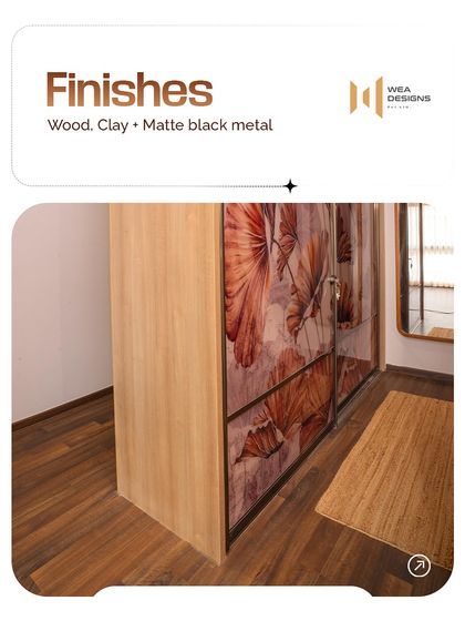 Japandi design is all about finishes. This wardrobe features a beautiful wood finish with a printed floral design, complemented by matte black metal details.