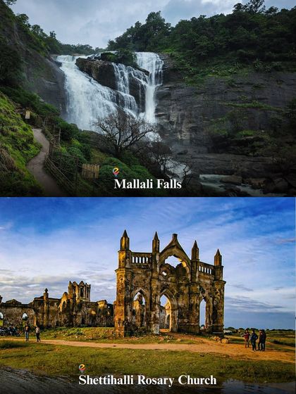 A collage showing the beautiful Mallalli Falls and the hauntingly beautiful Shettihalli Rosary Church, both part of our Sakleshpur itinerary.