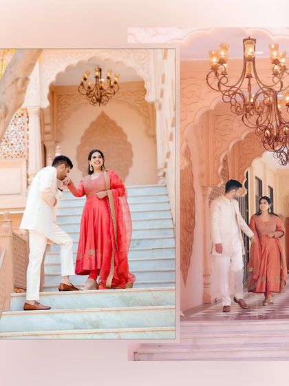 A collage showing a couple's journey through a palatial setting, from descending a marble staircase to sharing a quiet moment in a corridor.