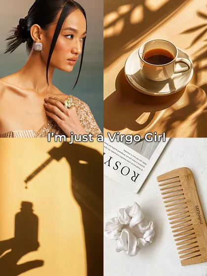 I'm just a Virgo girl. This moodboard is all about clean, earthy elegance with a sleek updo, natural hair care tools, and a minimalist aesthetic.
