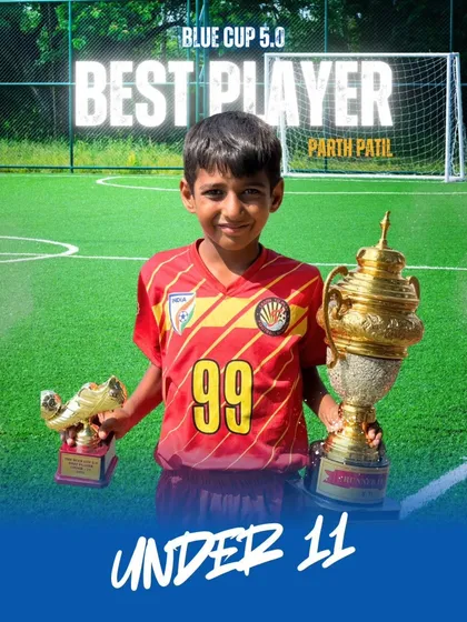 Celebrating individual brilliance. Parth Patil from our U11 team was named Best Player at the Blue Cup 5.0, holding his trophy and golden boot award.