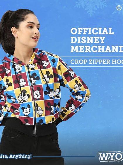 This official Disney Mickey Mouse checkered crop zipper hoodie is the cutest statement jacket for the season. A perfect blend of classic character and modern style.