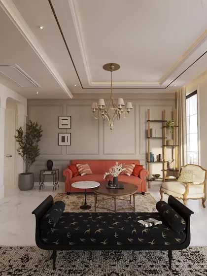 Here, we balanced classic and contemporary furniture to create a layered living room. A traditional chandelier and armchair are paired with a modern patterned bench and clean-lined sofa, demonstrating our approach to eclectic yet harmonious design.