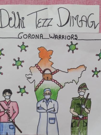 A student's artwork depicting the "Corona Warriors" - our doctors, sanitation workers, and soldiers. We encourage our students to be aware of the world around them.