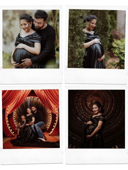 A collection of polaroid-style photos capturing different moments and outfits from a beautiful maternity shoot.