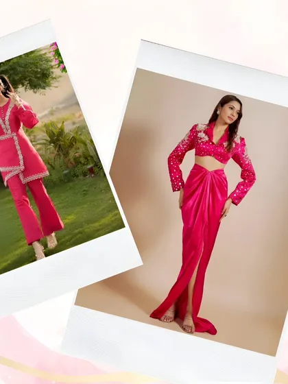 Pretty in pink. This collage showcases two of our favorite pink fusion outfits, one a draped skirt set and the other a flared pant set, both perfect for festive occasions.
