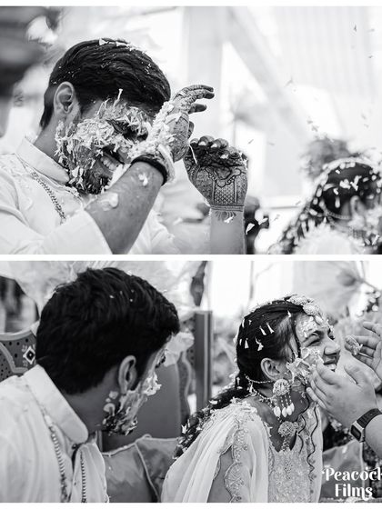 The playful side of a Haldi ceremony, captured in timeless black and white. This diptych shows the couple laughing as they get completely covered in haldi by their loved ones.