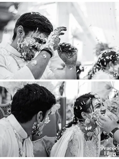 The playful chaos of a Haldi ceremony, immortalized in black and white. This diptych focuses on the couple's laughter and the fun of the moment.