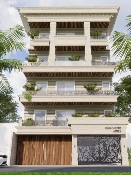 A render of a timeless classical residence featuring intricate stone detailing and a balanced, monolithic structure. The design incorporates classical columns and ornate wrought-iron railings, framed by lush palm trees.