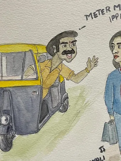 Detail of the 'Meter mele ippatu kodi' (Give 20 rupees over the meter) scene, a familiar negotiation for many in Bengaluru.