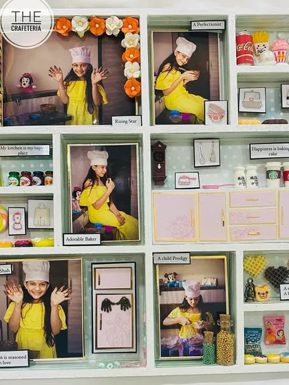 A kitchen-themed frame for a young baker! This gift celebrates a 9-year-old's passion, complete with miniature kitchen elements, macarons, and photos of her in action.