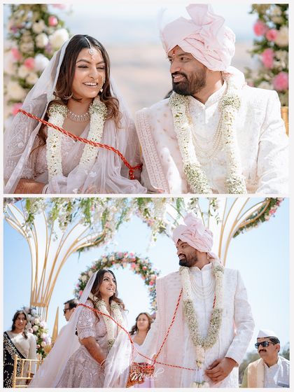 Two beautiful perspectives of the wedding ceremony, showing the couple's joyful expressions as they are bound together in a sacred ritual.