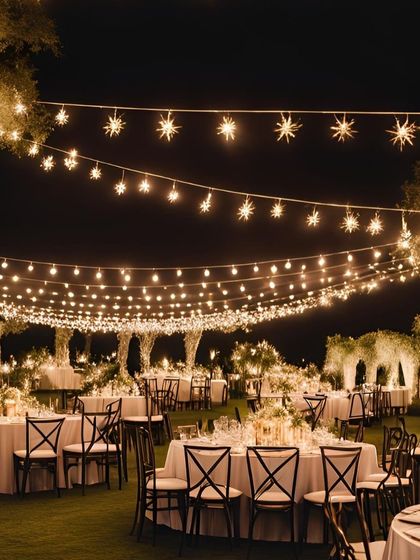 A large outdoor reception area illuminated by strings of star-shaped fairy lights, creating a magical, starry-night dining experience.