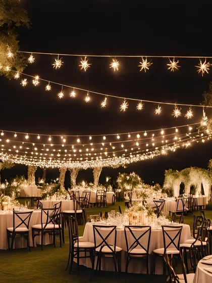 A classic and romantic outdoor reception setup. The entire area is lit by strings of star-shaped fairy lights, creating a warm and inviting atmosphere for dinner and dancing.