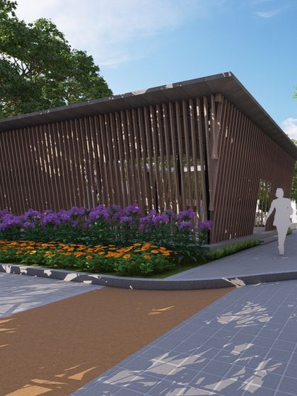 A second view of the yoga pavilion concept, illustrating how it integrates with the main pathways and nearby water features.