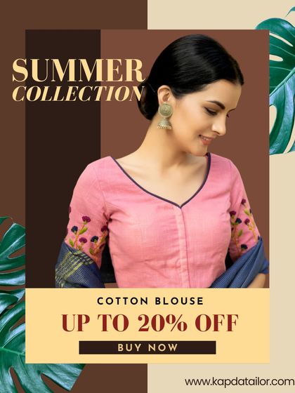 Beat the heat in style with 20% off our cotton blouses. This summer collection graphic features our lovely pink embroidered blouse.