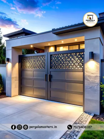 A contemporary gate design that combines solid lower panels with an upper section of backlit, laser-cut patterns. This creates a beautiful visual effect at night, enhancing security while adding ambient light to the entrance.