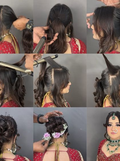 A step-by-step collage showing how to create a messy bridal bun. From the initial ponytail to curling, pinning, and adding flowers, you can see the entire process.