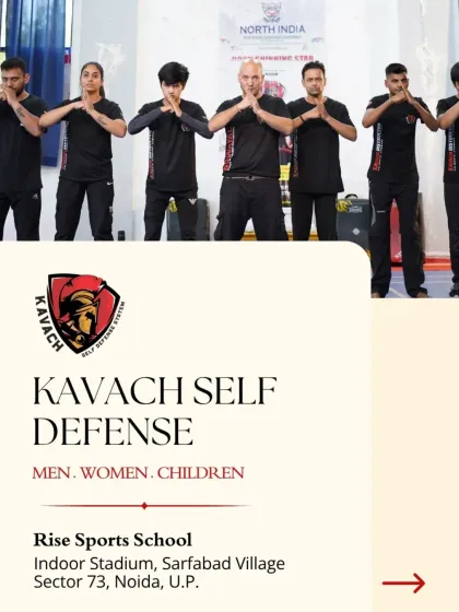 Kavach self-defense is for men, women, and children. Our instructors lead a group in a basic defensive stance, the foundation of our training system.