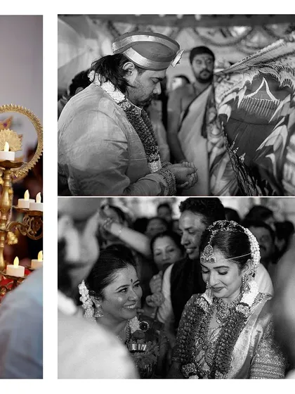 Black and white shots that highlight the timeless emotion and intricate details of the wedding rituals, from the bride's entry to the sacred ceremonies.