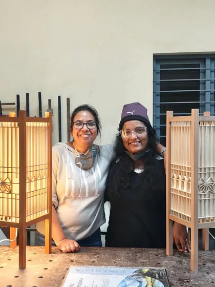 The grand finale. Sreeja and Nivedita with the beautiful Kumiko lamps they built from scratch. They learned to make the frames, cut the intricate half-lap joints, and assemble the entire piece. The best part is seeing their faces when they switch it on for the first time.