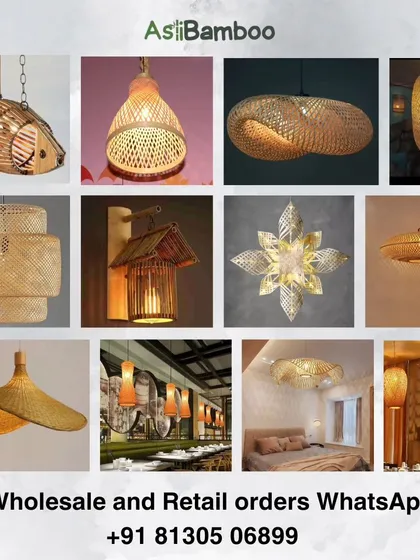 This collage presents a wide selection of our bamboo lights, perfect for wholesale and retail orders. It shows the variety of shapes and styles available, from simple pendants to elaborate, artistic fixtures.