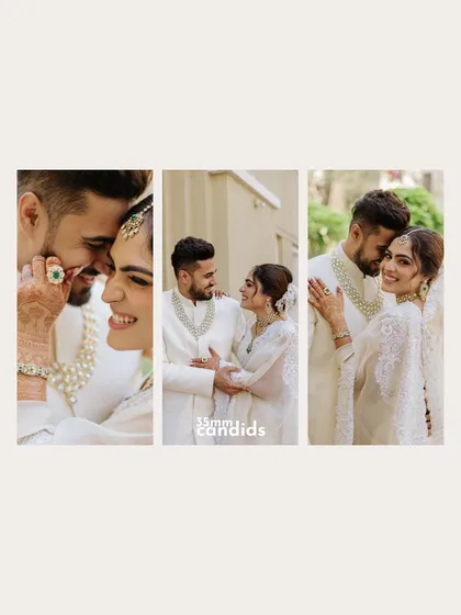 A triptych of the couple sharing sweet, intimate moments. These close-ups are full of smiles and loving glances, capturing their beautiful chemistry.