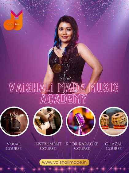 This graphic showcases the main courses available at the academy: Vocal, Instrument, Karaoke, and Ghazal. It's a visual invitation to explore your passion and choose the path that's right for you.