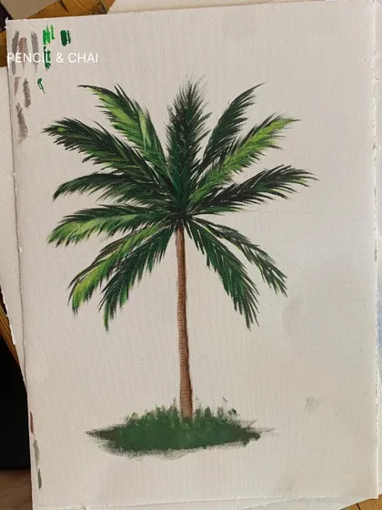 A beautifully rendered palm tree by a student. This is the result of our focused lessons on tree strokes, where every brush mark is made with intention.