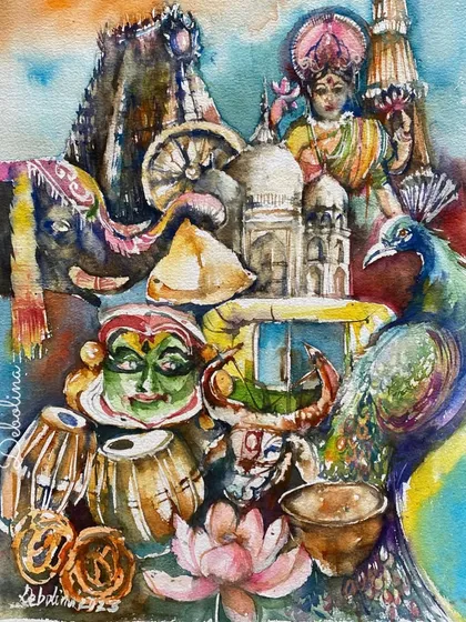 A watercolor collage celebrating the diverse culture of India, painted for Independence Day. I tried to fit a million special things into one painting.