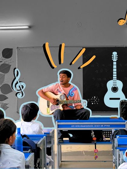 An instructor uses his guitar to teach a song, with graphics illustrating the musical concepts being learned. We make music theory accessible and fun for young learners.