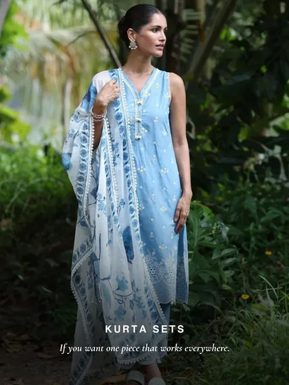 This blue printed kurta set is one of my favorites for its versatility. It's a single piece that works everywhere, from a brunch date to a casual workday.