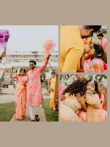 A collage from a fun pre-wedding event, with color smoke bombs and lots of hugs and laughter.