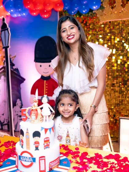 A lovely photo of Kiara and her mom posing with the custom cake that celebrated her love for London.