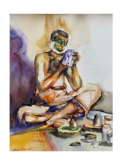 The final framed painting of the Kathakali dancer. It was an incredible honor for this piece to be selected for the world's biggest watercolor festival in Delhi.
