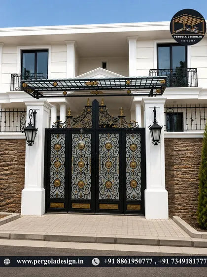 An opulent black and gold gate with intricate detailing, protected by a simple yet elegant pergola canopy. The design combines classic ornamental ironwork with modern structural support.