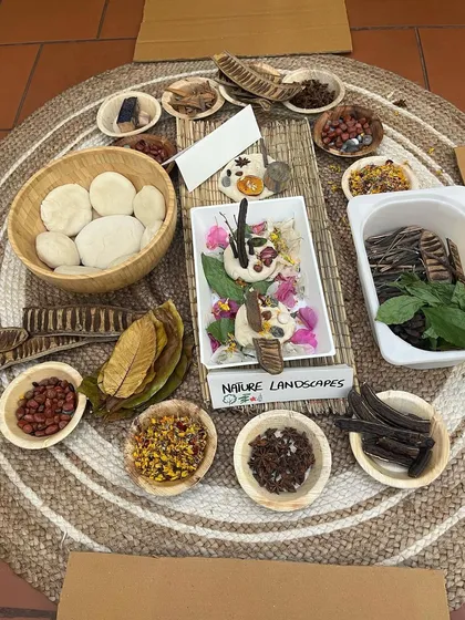 We put a lot of love into preparing our sensory stations. This 'Nature Landscapes' setup includes safe, natural materials like seed pods, leaves, flowers, and homemade playdough for toddlers to touch, smell, and create with. It’s all about open-ended, imaginative play.
