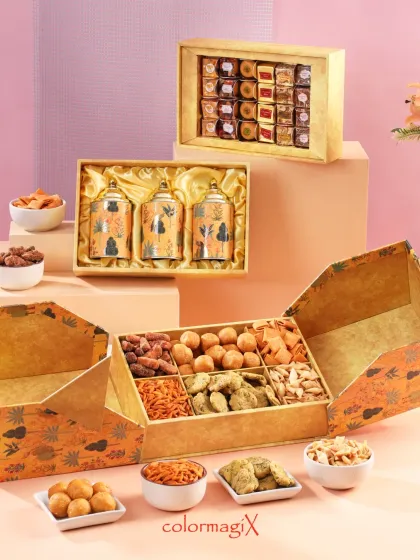 Unbox a tale of tradition with our yellow peacock print hamper. This image shows the hamper open, revealing multiple boxes inside, each part of a larger, magnificent gift.