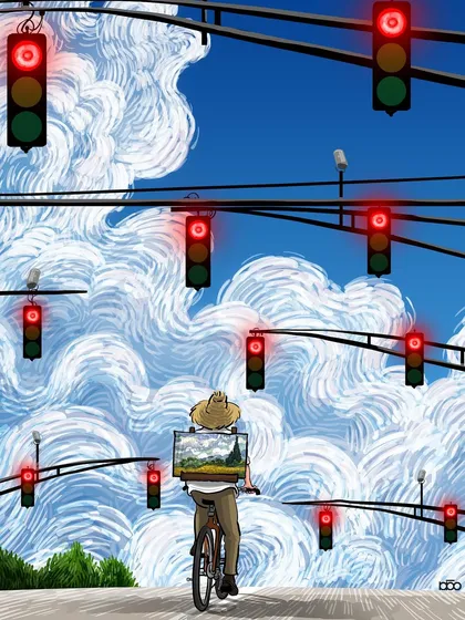 I use the metaphor of a modern street filled with red traffic lights to represent the endless obstacles we face. Yet, the artist continues his journey on a bicycle, carrying his canvas towards a sky filled with beautiful, swirling clouds. It’s an illustration about perseverance and moving toward your dreams despite the world telling you to stop.