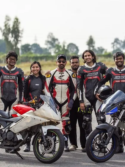 Riding is for everyone, and we love training groups. Here we are with an enthusiastic team from Hero MotoCorp after their first track experience. We offer corporate packages and group sessions for riders of all levels.