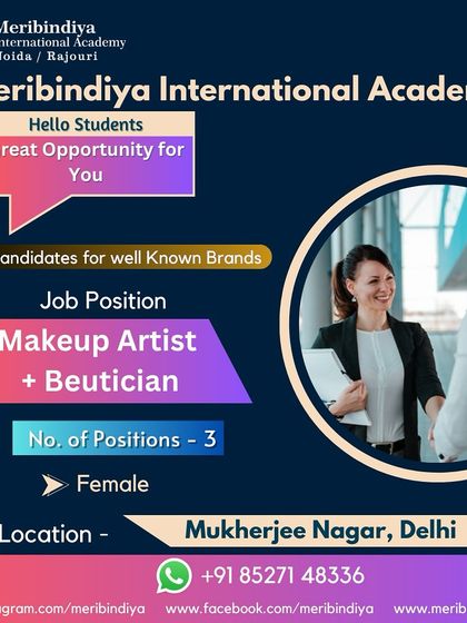Another great opportunity for our students. We are hiring for a Makeup Artist and Beautician role in Mukherjee Nagar, Delhi.
