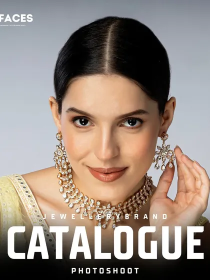 A smiling model showcases a sparkling diamond necklace set. The joyful and bright feel of this image is perfect for advertising festive or celebratory jewellery collections.