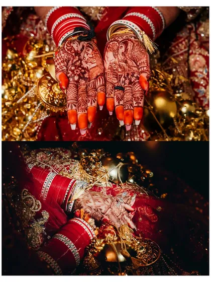 A collage focusing on the intricate details of the bride's hands. We capture the beautiful mehndi design, the traditional red and white choora bangles, and the golden kalire.