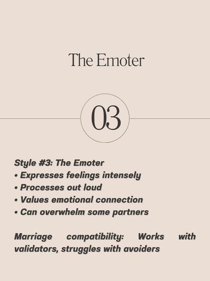 The Emoter expresses feelings intensely and processes things out loud. They value deep emotional connection but can sometimes overwhelm partners who are less expressive.