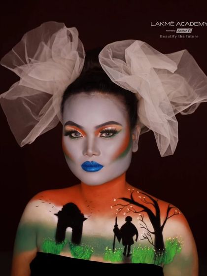 This creative makeup look was designed for Independence Day. It features intricate body painting depicting national monuments and the tricolor flag blended into the face makeup, showcasing storytelling through artistry.