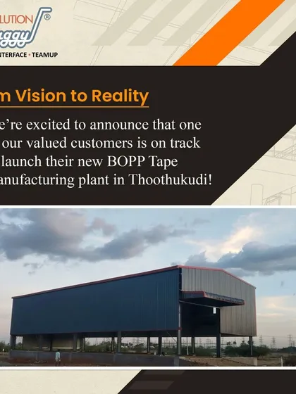 From an empty plot to a fully functional BOPP tape manufacturing plant in Thoothukudi. This image shows a project in progress, demonstrating our capability to manage greenfield projects and build industrial infrastructure from the ground up.