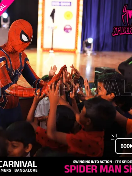 Our Spiderman doesn't just pose, he brings the action! Here he is, fully engaging with a group of young fans, creating a core memory for every child at this superhero birthday party. This interactive experience is what makes our character appearances stand out.